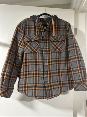 Men's Hooded Plaid Flannel Shirt Jacket - Gray & Orange 057